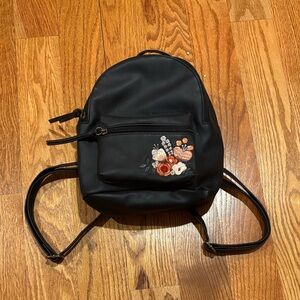 Floral Embroidered Black Backpack
